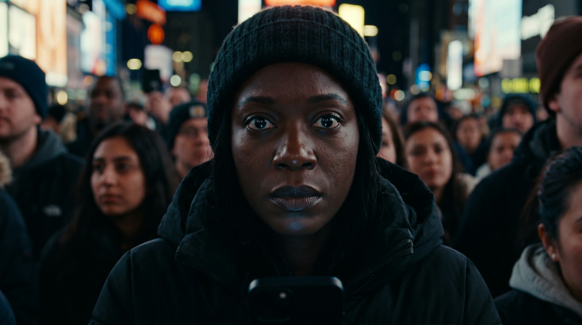 A bystander in the crowd, her face lit by her phone, eyes open