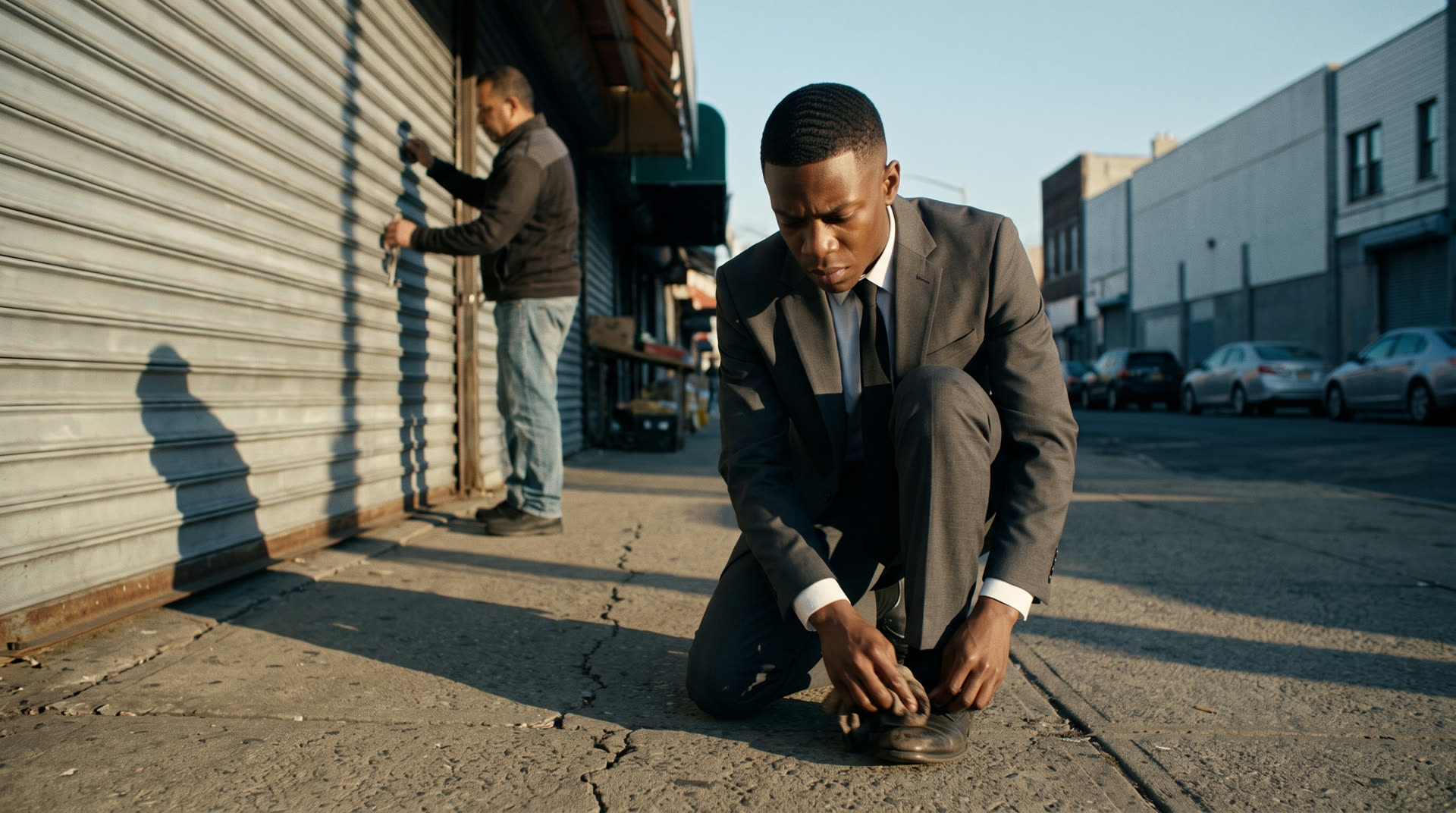Taevo kneeling on the pavement at dawn, polishing his interview shoes