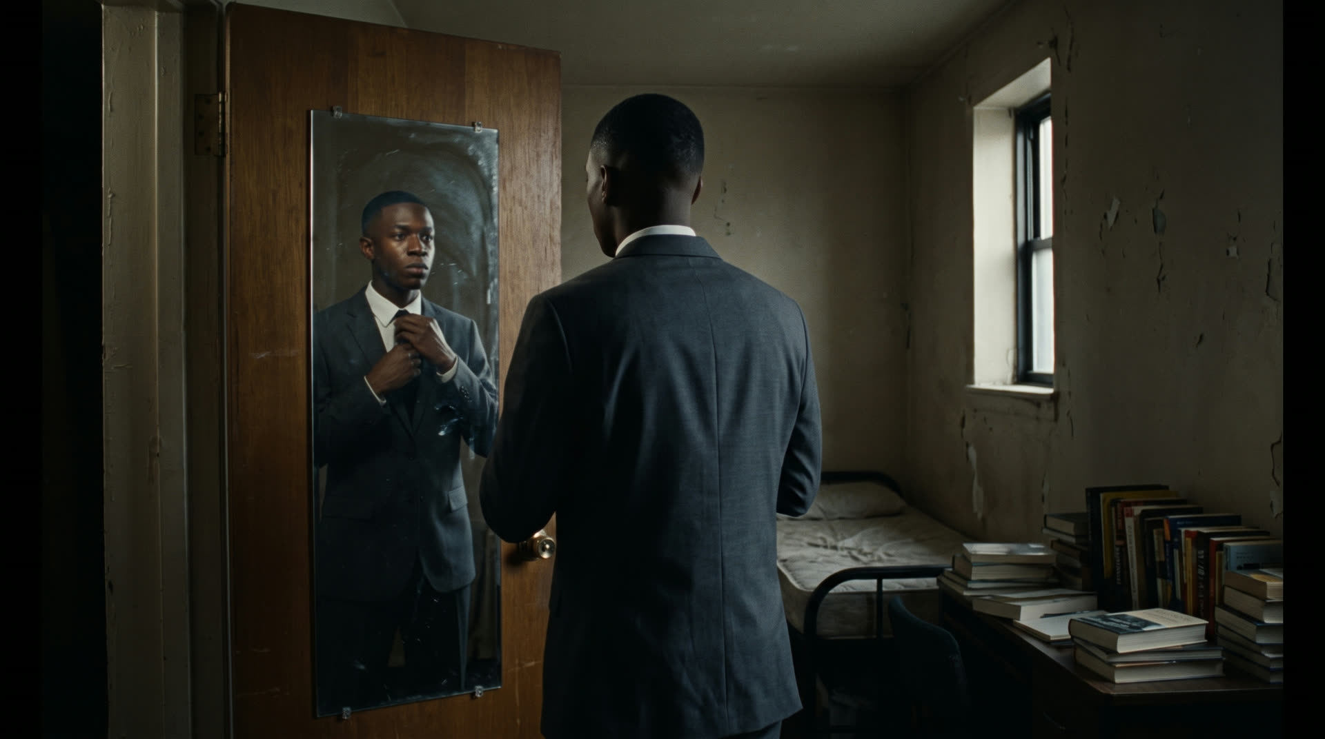 Taevo straightening his tie in a smudged mirror