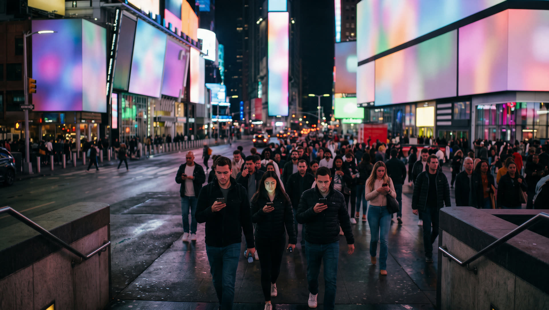 Climbing out of the subway into Times Square at night